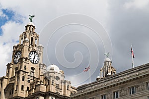 Union Jacks next to the Liver Birds