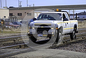Union Pacific hi-rail maintenance truck traverses the UP mainline