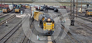 Union pacific rail yards in Green River Wyoming close up of freight train and rail car staging
