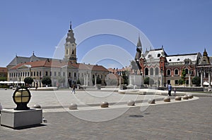 Union Square with Monument of King Ferdinand I and Historic Buildings from Oradea City in Romania