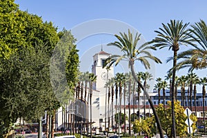 Union Station train station surrounded by office buildings, parked cars, tall lush green palm trees and plants and people walking