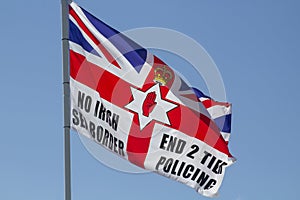 A Unioun Flag with protest slogans flying in Bangor Northern Ire