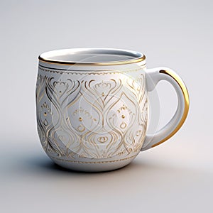 Unique 3d White Cup With Ornate Vray Tracing Design