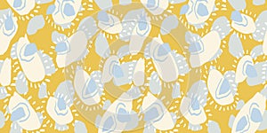 Unique abstract organic shapes seamless pattern. Vector hand drawn sketch irregular circular shape print on yellow background. photo