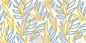 Unique abstract organic shapes seamless pattern. Yellow and blue print. Vector hand drawn sketch creative forms background. photo
