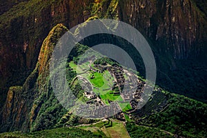 Unique aerial view on the Machu Picchu / Huayna Picchu mountain