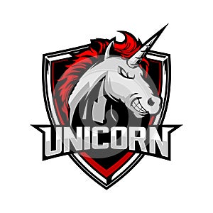 unique and amazing unicorn head cartoon shield vector logo template