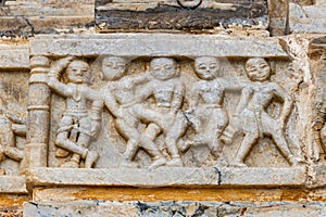 unique ancient Sculptures on hindu holy temple wall at day