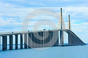 Unique angle of Sunshine Skyway Bridge over Tampa Bay Florida