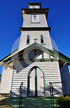 Unusual view of small classic country church