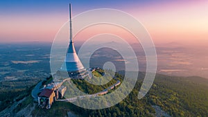 Unique architectural building. Hotel and TV transmitter on the top of Jested Mountain, Liberec, Czech Republic