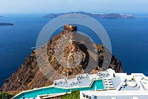 Unique architecture of Imerovigli Santorini`s houses on the cliff
