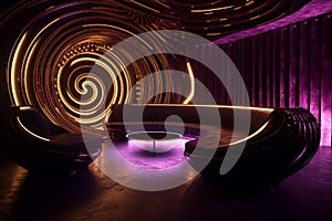 Unique Award-Winning Design: Futuristic Bronze and Dark Maroon Interior with Symmetric Neon Lights and Shiny Walls in 8K HD