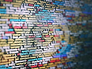 unique background. Programming PHP on laptop computer screen. Program code PHP HTML CSS of site. Template of website,