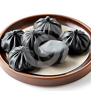 Black dumplings on a wooden plate