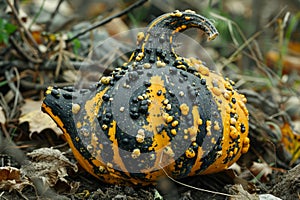 Unique Black and Orange Warty Pumpkin Amidst Fallen Autumn Leaves on a Forest Floor