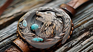 A unique bolo tie with a handcarved wooden tie featuring a howling wolf design accented with turquoise stones and photo