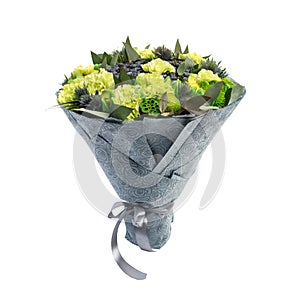 Unique bouquet consisting of blueberries, blackberries, lemons decorated with green carnations is isolated on a white background