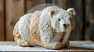 Unique bread loaf resembling an polarbear resting on a wooden table, Ai Generated