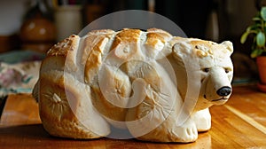 Unique bread loaf resembling an polarbear resting on a wooden table, Ai Generated