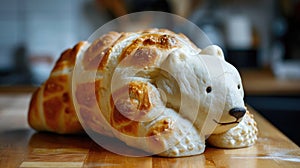 Unique bread loaf resembling an polarbear resting on a wooden table, Ai Generated