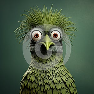 Unique Character Design: Green Bird With Big Eyes And Hair