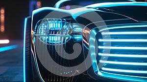 A unique closeup of a retroinspired cars front grille with neon blue lights adding a futuristic touch to the vintage