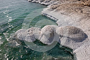 Unique coastline, natural salt formations and salt patterns in the Dead Sea shore.