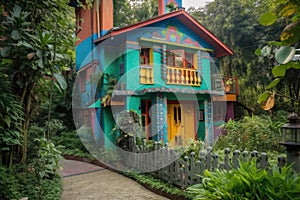 unique and colorful house, surrounded by lush greenery in residential neighborhood