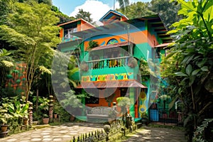 unique and colorful house, surrounded by lush greenery in residential neighborhood