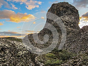 Unique columnar rock formations, radial arrangement at Vesturdalur, Asbyrgi, with dramatic sky at Northeast of Iceland, Europe