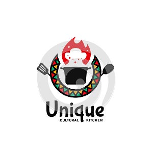 Unique cultural kitchen logo icon badge with hot pot, flame , cooking spatula utensil, and african abstract pattern