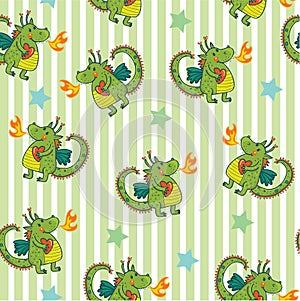 Cute child background with green Unique cute cartoon seamless pattern with dragon. Fantasy children`s illustration