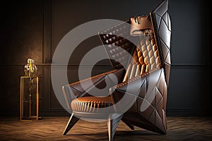 unique design of a brown leather chair with tall backrest and slanted armrests