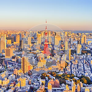 Unique Destinations Concepts. Scenic Panorama of Tokyo Skyline at Blue Hour in Japan with Tokyo Tower in The Foreground