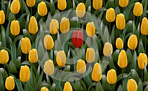 Unique different flower stands out, many yellow, one red. Vector realistic illustration. Special one another colour. Not like