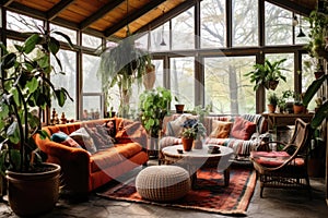 Unique And Eclectic Sunroom With Mix Of Natural And Bohemian Elements Eclectic Interior Design. Generative AI