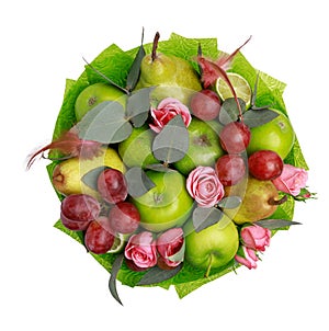 Unique edible gift in the form of a bouquet of fruits on a white background