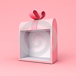 Unique exhibition booth blank gift box stand with pink pastel color ribbon bow on pink background