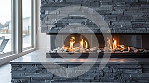 A unique feature of the modern fireplace is its floating hearth made of stacked stone perfectly complementing the clean