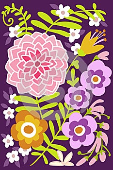 Hand drawn flat floral cut paper look graphic design for covers, posters, background, garden scene spring and summer