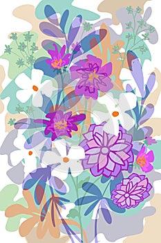 Hand drawn flat floral graphic design for covers, posters, background, garden scene spring and summer