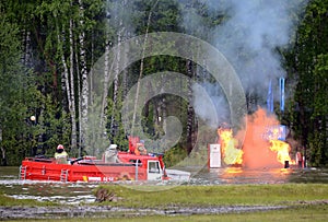 A unique floating fire truck AC-4,0 on the chassis of the serial Ural-4320 at the range of the Noginsk rescue center of the Minist