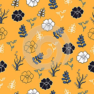 Unique flower with leaf illustration on orange background. vintage style. hand drawn vector, seamless pattern. blooming flower and