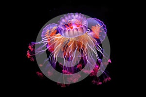 Unique fluorescent jellyfish on black background, blue, purple, yellow and orange.