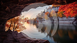 Unique Framing: Sunrise Over Lake In Fall In A Cave