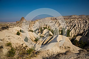 Unique geological formations in Cappadocia, Central Anatolia, Turkey. Cappadocian Region with its valley, canyon, hills located