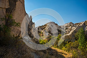 Unique geological formations in Cappadocia, Central Anatolia, Turkey. Cappadocian Region with its valley, canyon, hills located