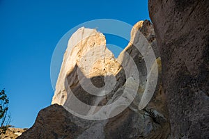 Unique geological formations in Cappadocia, Central Anatolia, Turkey. Cappadocian Region with its valley, canyon, hills located