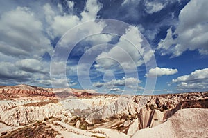 Unique geological formations in valley in Cappadocia